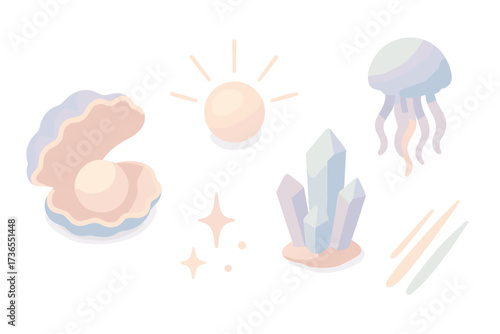 Fantasy Pearl Illustrations. Isometric vector illustration set Fantasy pearl: giant clam shell, glowing pearl, crystal coral,