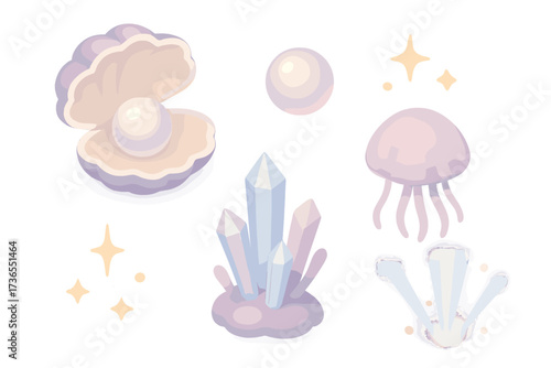 Fantasy Pearl Illustrations. Isometric vector illustration set Fantasy pearl: giant clam shell, glowing pearl, crystal coral,