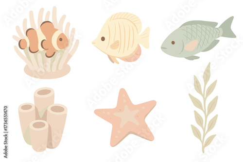 Reef Biodiversity Icons. Isometric vector illustration set Reef diversity: clownfish in anemone, butterflyfish, parrotfish, sponge