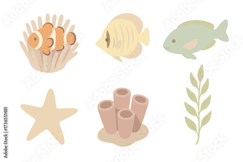 Reef Biodiversity Icons. Isometric vector illustration set Reef diversity: clownfish in anemone, butterflyfish, parrotfish, sponge