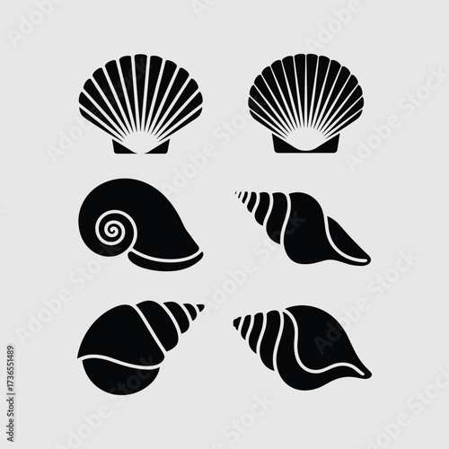 Collection of black silhouette seashell icons on a light grey background conch scallop