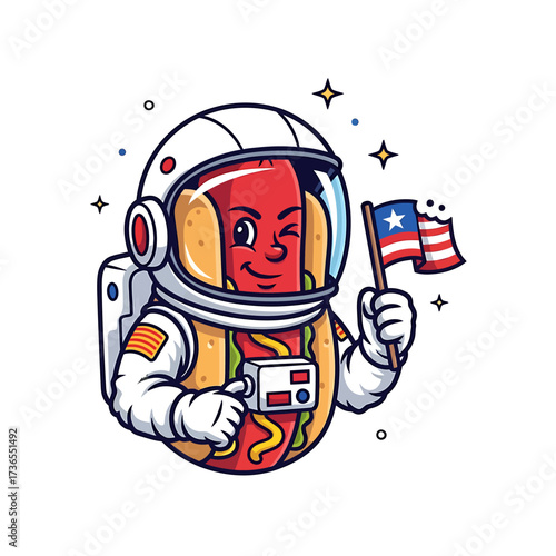 Whimsical hot dog astronaut winking and planting flag in space with stars, perfect for lighthearted food or patriotic design projects