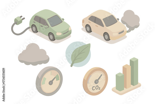 Emission Comparison Icons. Isometric vector illustration set Emission comparison: electric car, gasoline car, smoke cloud, clean