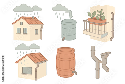 Urban Rainwater Harvesting. Isometric vector illustration set Rainwater in urban setting: apartment roof, collection tank, balcony
