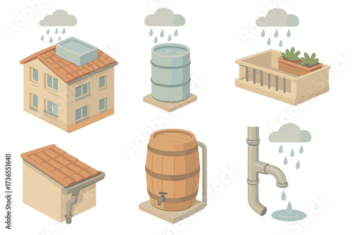 Urban Rainwater Harvesting. Isometric vector illustration set Rainwater in urban setting: apartment roof, collection tank, balcony