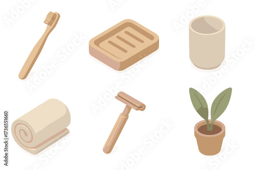 Minimalist Eco Bathroom Icons. Isometric vector illustration set Minimalist eco bathroom: bamboo toothbrush biodegradable handle,