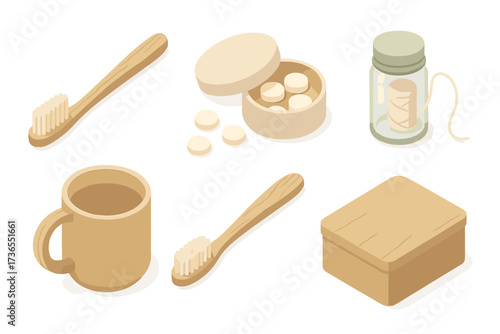 Eco Dental Essentials. Isometric vector illustration set Eco dental routine: bamboo toothbrush biodegradable handle, refill