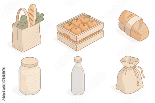 Eco Supermarket Essentials. Isometric vector illustration set Eco supermarket essentials: reusable bag grocery shopping, crate