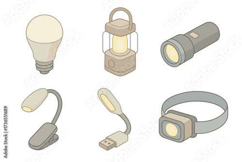 Portable Light Devices. Isometric vector illustration set Portable light devices: LED bulb efficient light, camping lantern,
