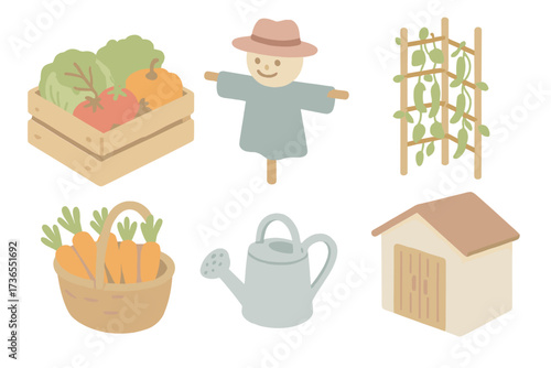Shared Garden Harvest. Isometric vector illustration set Shared garden harvest: crate of vegetables, basket of carrots, garden