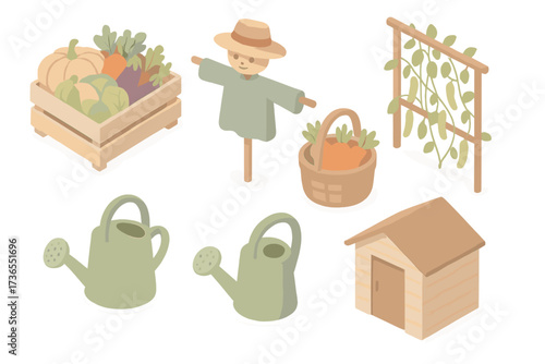 Shared Garden Harvest. Isometric vector illustration set Shared garden harvest: crate of vegetables, basket of carrots, garden