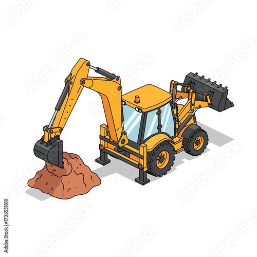 Yellow Backhoe Excavator Digging Earth at Construction Site.