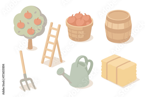 Isometric Farm Harvest. Isometric vector illustration set Farm fruit gathering: apple pick orchard ladder, basket with red apples,