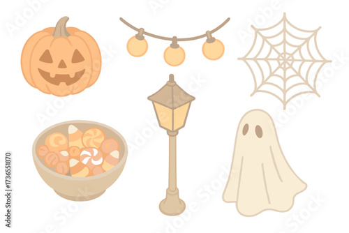 Pastel Halloween Icons. Isometric vector illustration set Festive Halloween decor: carved pumpkin lantern, string lights, candy