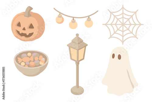 Pastel Halloween Icons. Isometric vector illustration set Festive Halloween decor: carved pumpkin lantern, string lights, candy