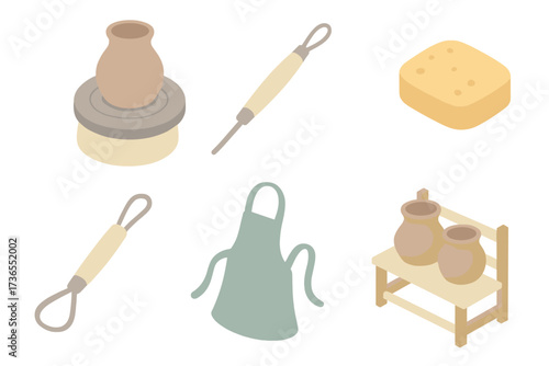 Handmade Ceramics Process. Isometric vector illustration set Handmade ceramic process: pottery wheel clay shape, carving tool,