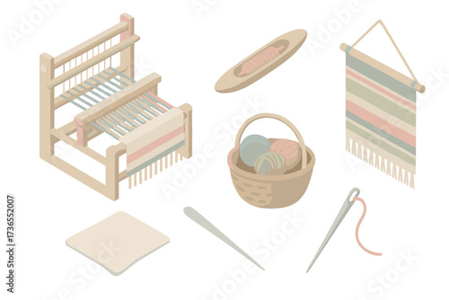 Fabric Craft Icons. Isometric vector illustration set Fabric craft collection: loom with weaving threads, shuttle, basket of yarn,