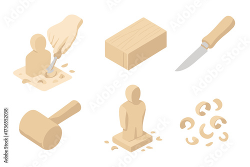 Wood Carving Process. Isometric vector illustration set Wooden figure making: carving chisel detail figure, block of wood, knife,