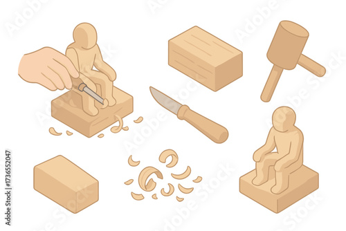 Wood Carving Process. Isometric vector illustration set Wooden figure making: carving chisel detail figure, block of wood, knife,