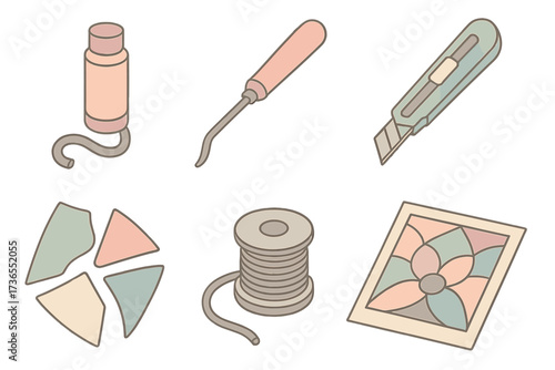 Decorative Craft Tools. Isometric vector illustration set Decorative craft tools: stained glass lead color, soldering iron, cutter