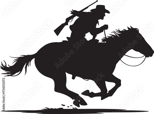 Black silhouette of a cowboy on a galloping horse holding a rifle vector