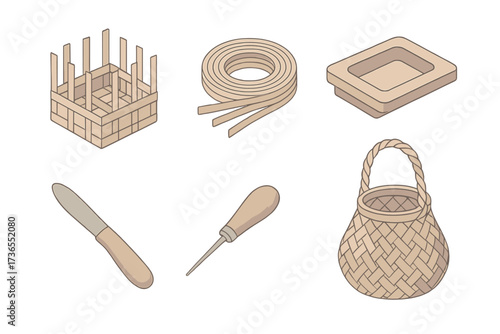 Folk Basketry Creations. Isometric vector illustration set Folk craft basketry: basket weave reed handmade, reed strips, wooden
