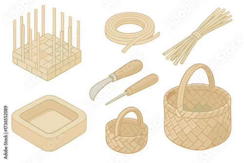 Folk Basketry Creations. Isometric vector illustration set Folk craft basketry: basket weave reed handmade, reed strips, wooden