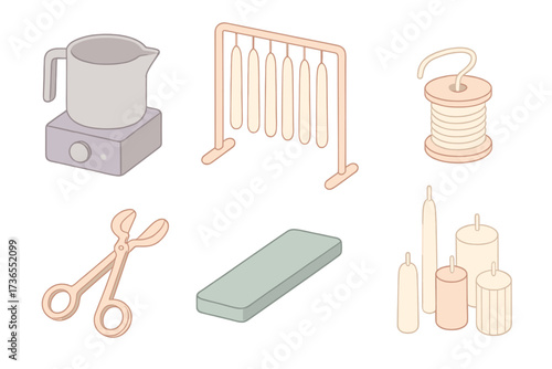 Candle Making Essentials. Isometric vector illustration set Candle artisan essentials: wax melting pot, dipping frame, wick spool,