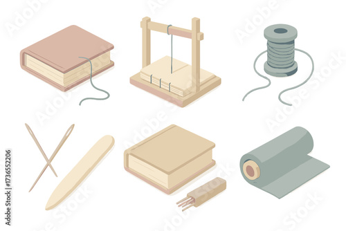 Artisan Binding Tools. Isometric vector illustration set Artisan binding tools: bookbind cover stitch page, sewing frame, waxed
