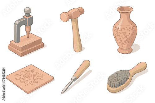 Copper Crafting Tools. Isometric vector illustration set Handcrafted copper pieces: coppersmith metal tool etch, chasing hammer,