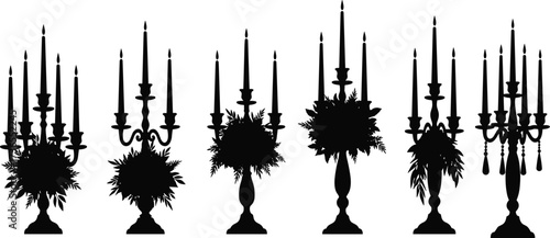 Elegant ornate candelabras with burning candles and floral decorations, luxury vintage silhouette vector illustration for wedding, celebration, interior design inspiration