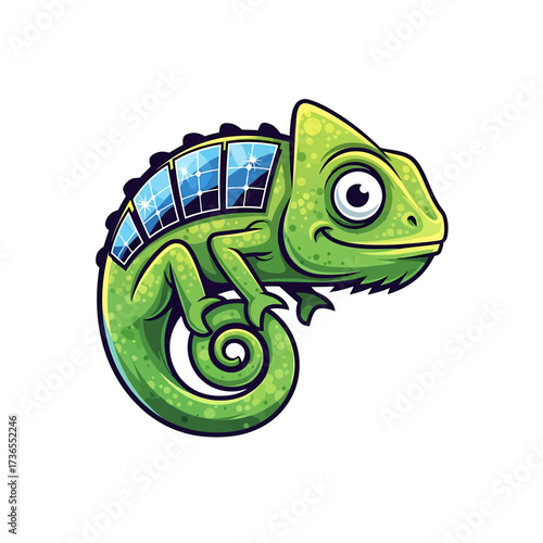 Adorable cartoon chameleon with solar panels on its back promotes green energy and sustainability in a fun and eco-friendly way for kids