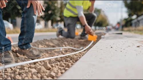 Two male construction workers install fiber optic cable in a trench, laying wires for telecommunication infrastructure video.