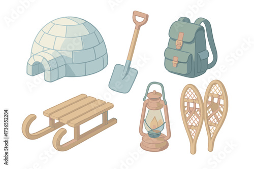 Winter Camp Essentials. Isometric vector illustration set Northern winter camp: igloo ice block shelter, snow shovel, sled,