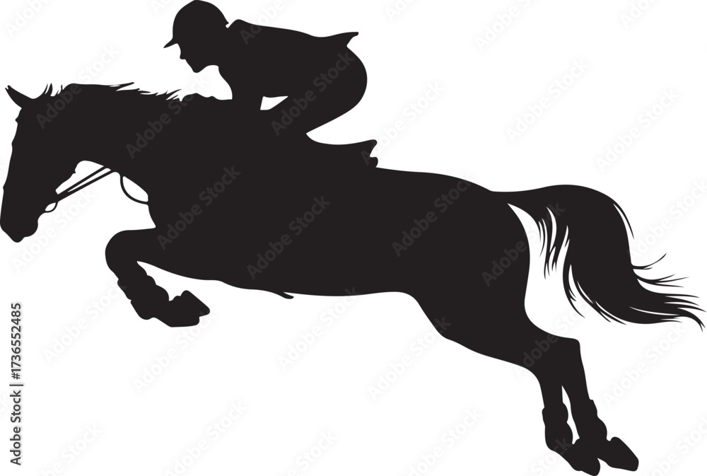 Fototapeta premium Black silhouette of a horse and rider jumping over an obstacle equestrian