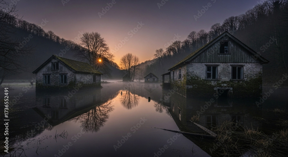 Fototapeta premium Ethereal Dawn Golden mist gently whisks over still waters, reflecting abandoned homes, creating a hauntingly beautiful rural landscape reclaiming forgotten structures