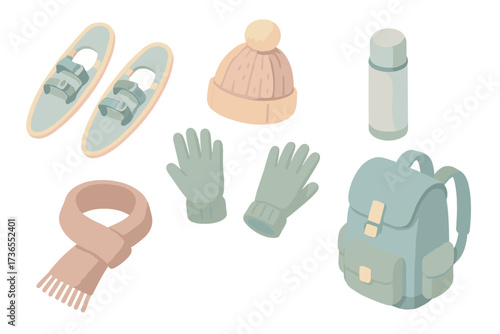 Winter Trail Essentials. Isometric vector illustration set Winter trail essentials: snowshoe walk distribute weight, wool hat,