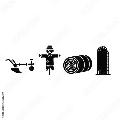 Farming and agriculture icons set including a plow, scarecrow, round hay bale, and grain silo.
