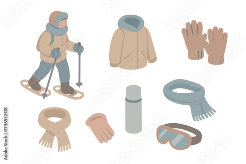 Winter Exploration Essentials. Isometric vector illustration set Frozen trail exploration: snowshoe walk distribute weight, warm