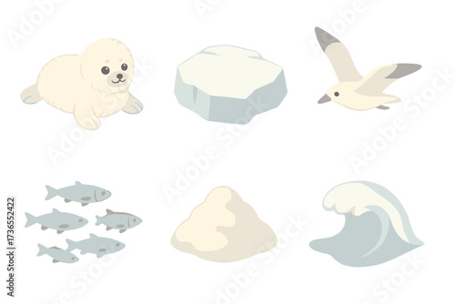 Arctic Wildlife Icons. Isometric vector illustration set Arctic coast scene: seal pup fluffy white, floating ice, seabird flying,