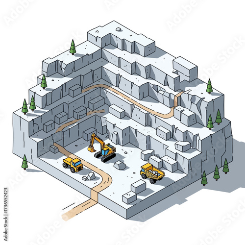 Isometric Quarry Mining Operation with Heavy Machinery and Terraced Landscape.