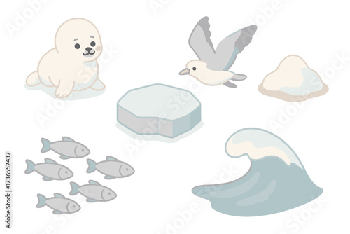 Arctic Wildlife Icons. Isometric vector illustration set Arctic coast scene: seal pup fluffy white, floating ice, seabird flying,