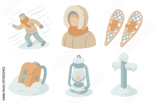 Winter Storm Essentials. Isometric vector illustration set Winter storm survival: blizzard wind snow blind, parka hood, snowshoes,