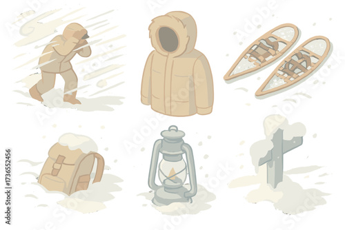 Winter Storm Essentials. Isometric vector illustration set Winter storm survival: blizzard wind snow blind, parka hood, snowshoes,