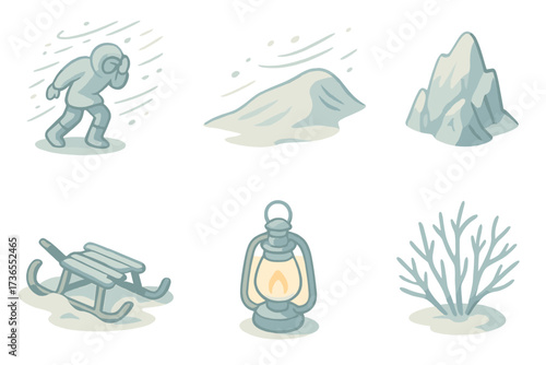 Polar Storm Icons. Isometric vector illustration set Extreme polar storm: blizzard wind snow blind, snow drift, icy rock, broken
