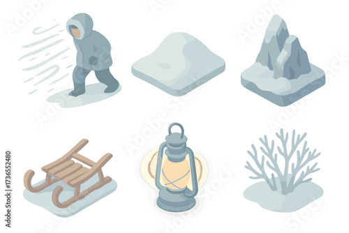 Polar Storm Icons. Isometric vector illustration set Extreme polar storm: blizzard wind snow blind, snow drift, icy rock, broken