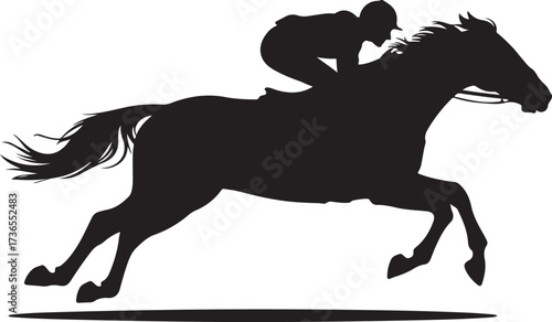 Black silhouette of a jockey riding a galloping horse in motion racing