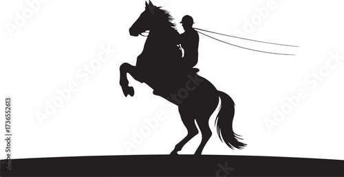 Black silhouette of a person riding a rearing horse with reins rider white