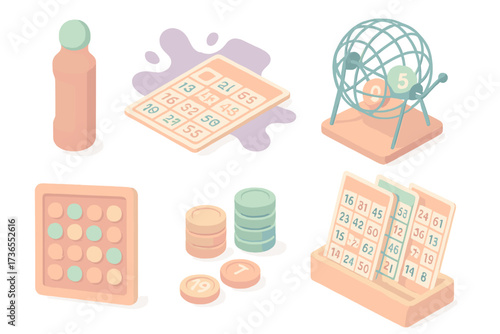 Colorful Bingo Icons. Isometric vector illustration set Colorful bingo elements: bingo dauber number card, splash ink, draw ball