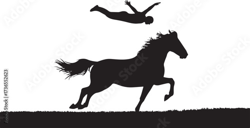 Black silhouette of a running horse with a person jumping above vector
